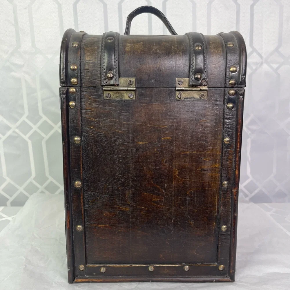 Vintage Style Wooden Wine Carrier Trunk Tooled Leather Straps Large Gift Box